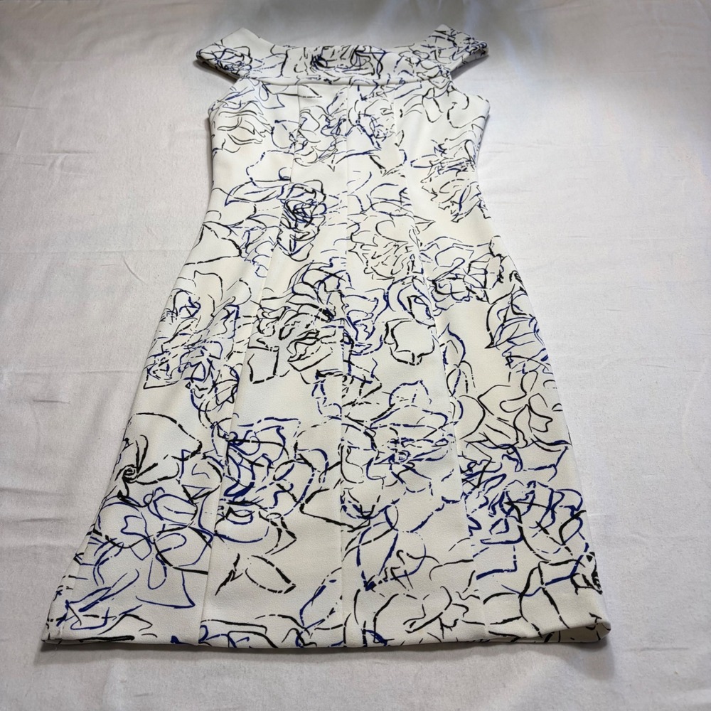 DKNY Sheath Dress Floral Abstract Off The Shoulder White Blue Size 2 NWT